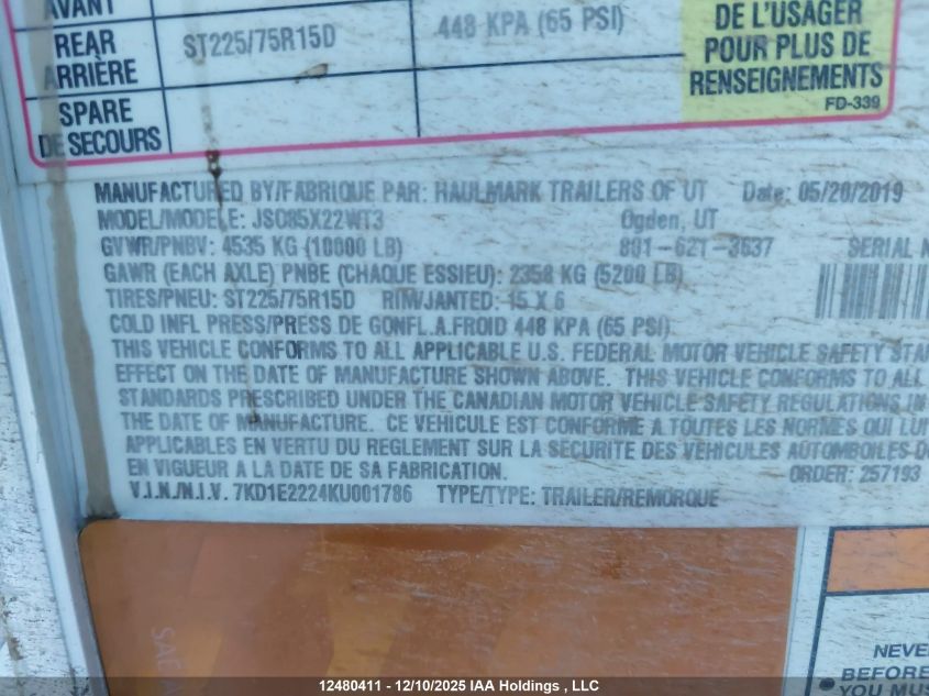 2019 Haul Mark Ind VIN: 7KD1E2224KU001786 Lot: 12480411