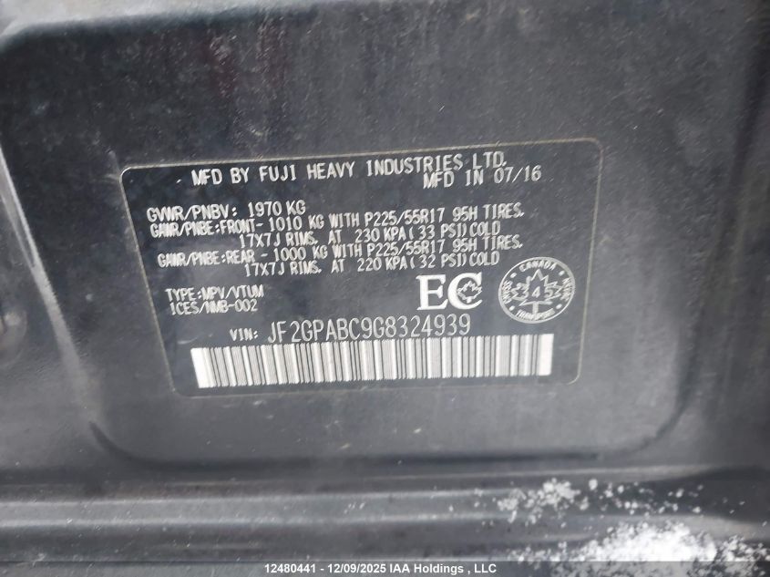 2016 Subaru Crosstrek Sport Package/Touring Package VIN: JF2GPABC9G8324939 Lot: 12480441