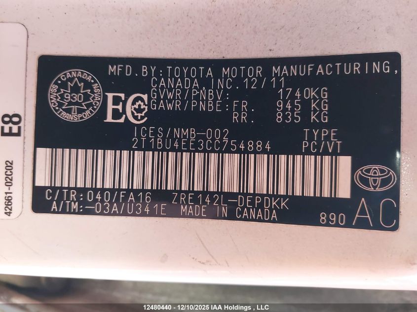 2012 Toyota Corolla S/Le VIN: 2T1BU4EE3CC754884 Lot: 12480440