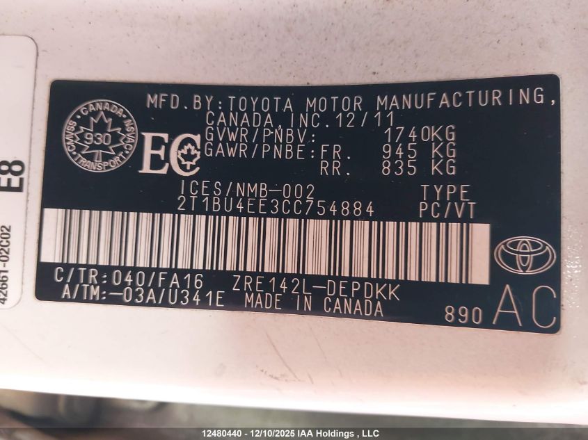 2012 Toyota Corolla S/Le VIN: 2T1BU4EE3CC754884 Lot: 12480440