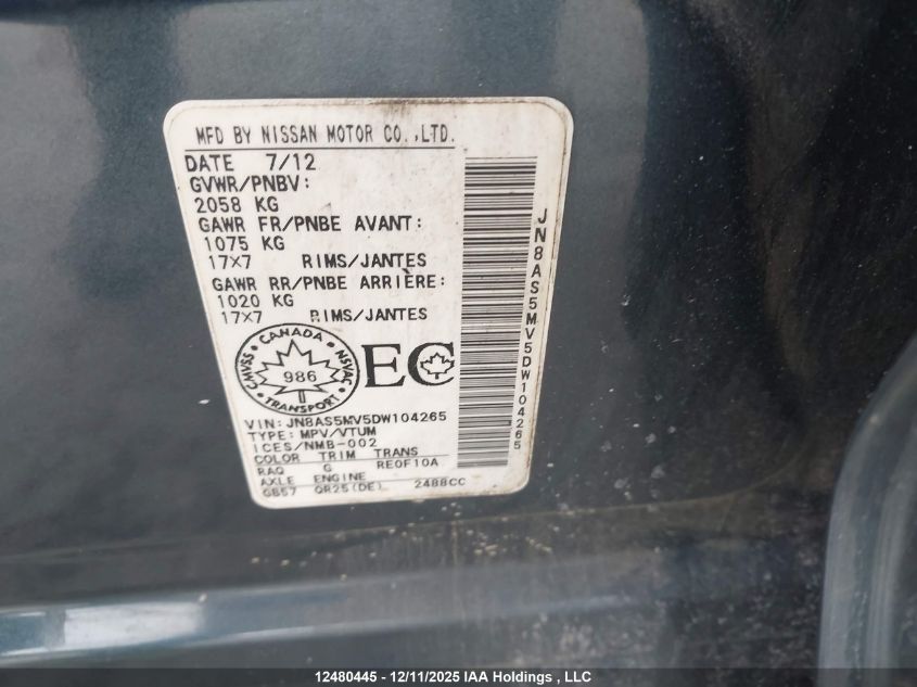 2013 Nissan Rogue S/Sl/Sv VIN: JN8AS5MV5DW104265 Lot: 12480445