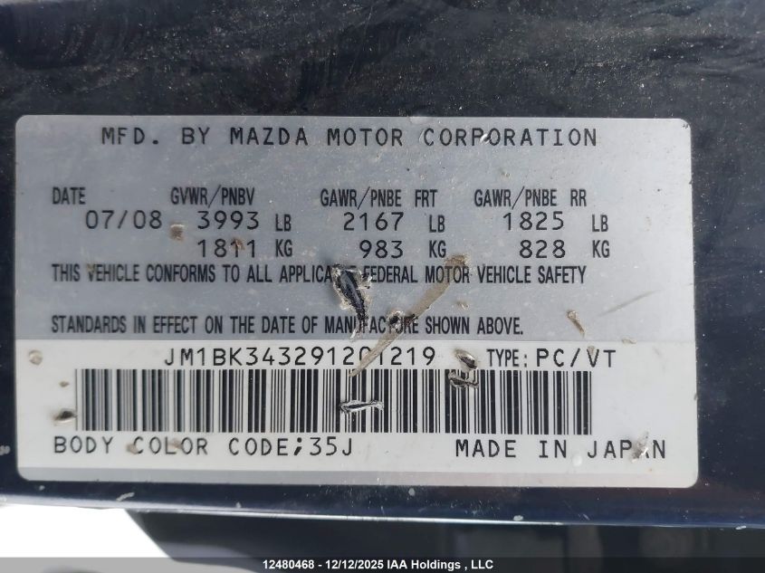 2009 Mazda Mazda3 Gs/Gt VIN: JM1BK343291201219 Lot: 12480468