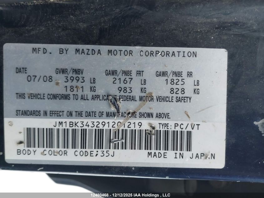 2009 Mazda Mazda3 Gs/Gt VIN: JM1BK343291201219 Lot: 12480468