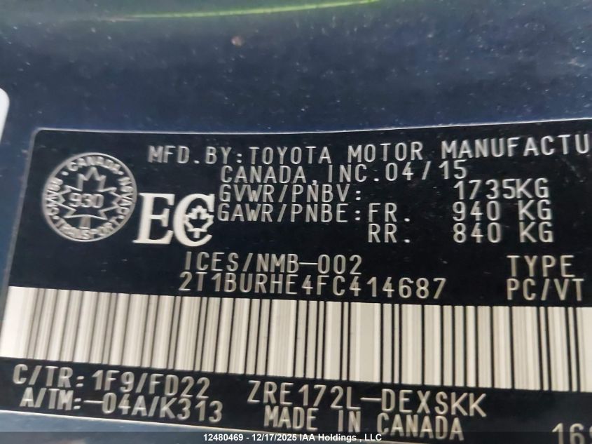 2015 Toyota Corolla S VIN: 2T1BURHE4FC414687 Lot: 12480469