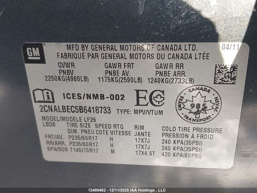 2011 Chevrolet Equinox Ls VIN: 2CNALBEC5B6418733 Lot: 12480482