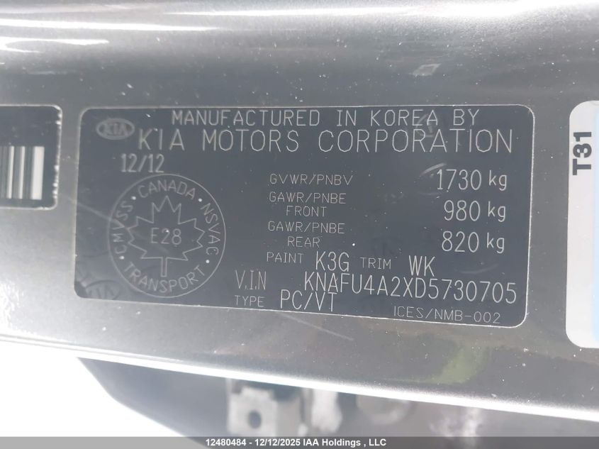 2013 Kia Forte VIN: KNAFU4A2XD5730705 Lot: 12480484