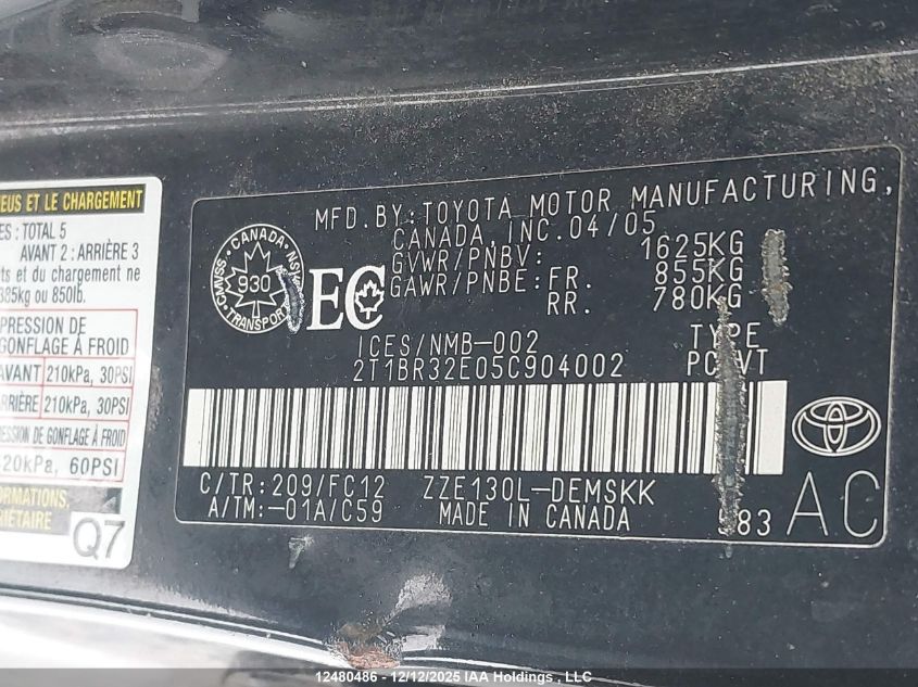 2005 Toyota Corolla Ce/Le/S VIN: 2T1BR32E05C904002 Lot: 12480486