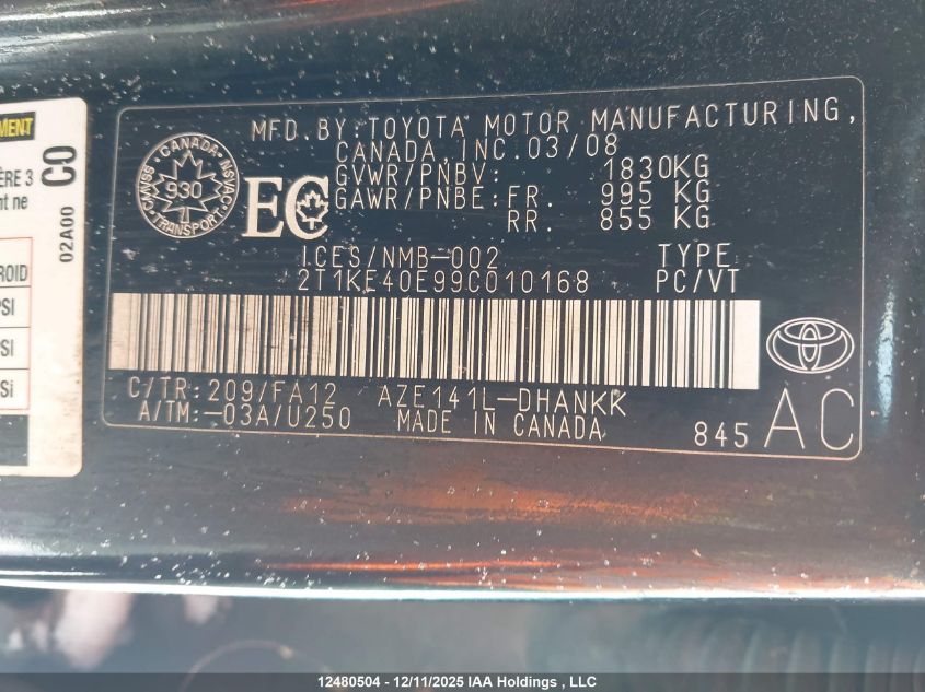 2009 Toyota Matrix Xr VIN: 2T1KE40E99C010168 Lot: 12480504