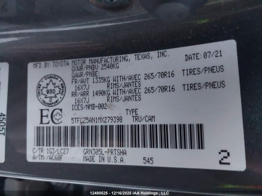 2021 Toyota Tacoma Double Cab/Sr/Sr5/Trd Sport/Trd Off Road/Trd Pro VIN: 5TFCZ5AN1MX279398 Lot: 12480525