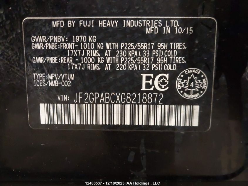 2016 Subaru Crosstrek Premium VIN: JF2GPABCXG8218872 Lot: 12480537