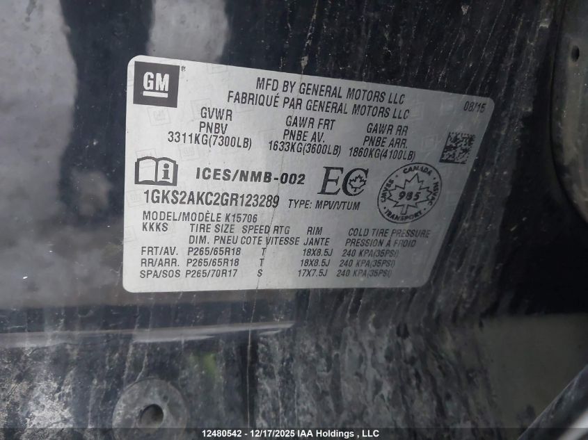 2016 GMC Yukon Sle VIN: 1GKS2AKC2GR123289 Lot: 12480542