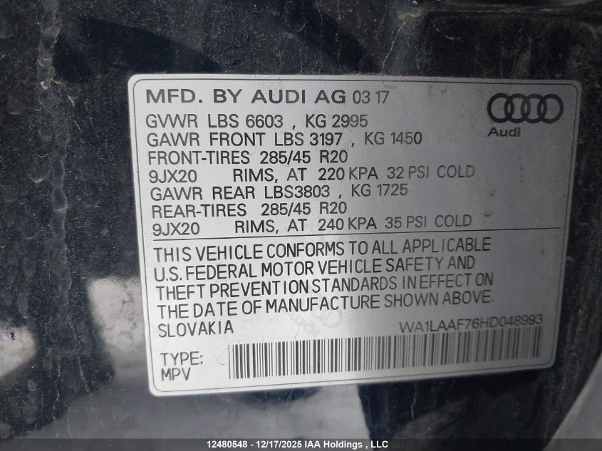 2017 Audi Q7 3.0T Progressiv VIN: WA1LAAF76HD048993 Lot: 12480548