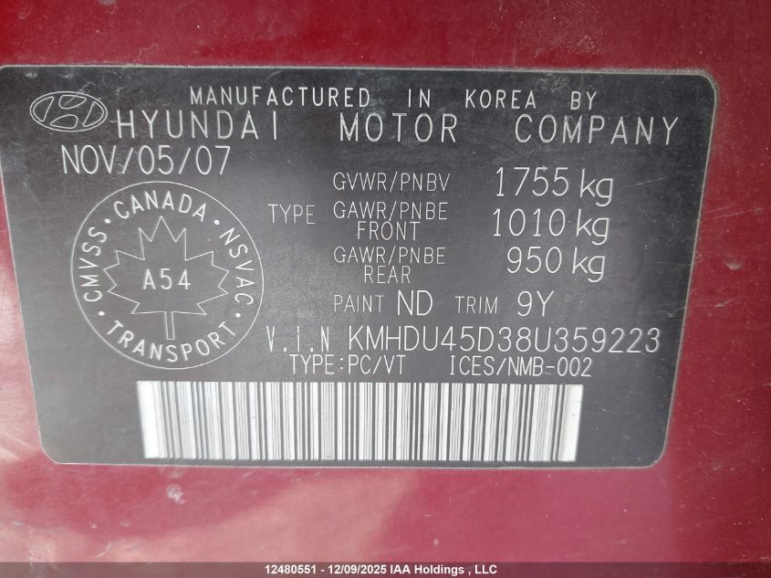 2008 Hyundai Elantra Gl/Gls VIN: KMHDU45D38U359223 Lot: 12480551