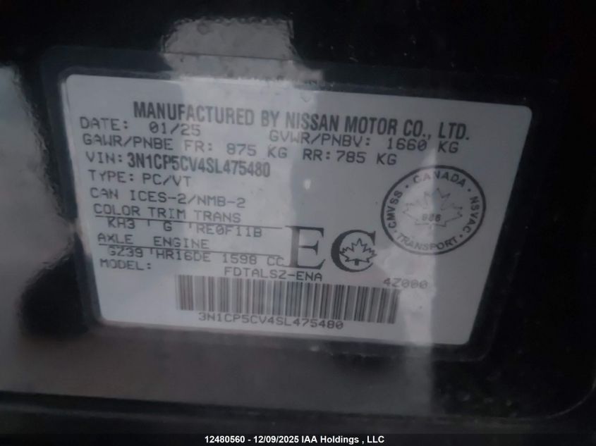 2025 Nissan Kicks Play Sv VIN: 3N1CP5CV4SL475480 Lot: 12480560