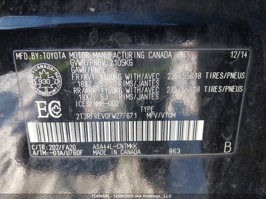 2T3RFREV0FW277671 2015 TOYOTA RAV 4 photo no. 9