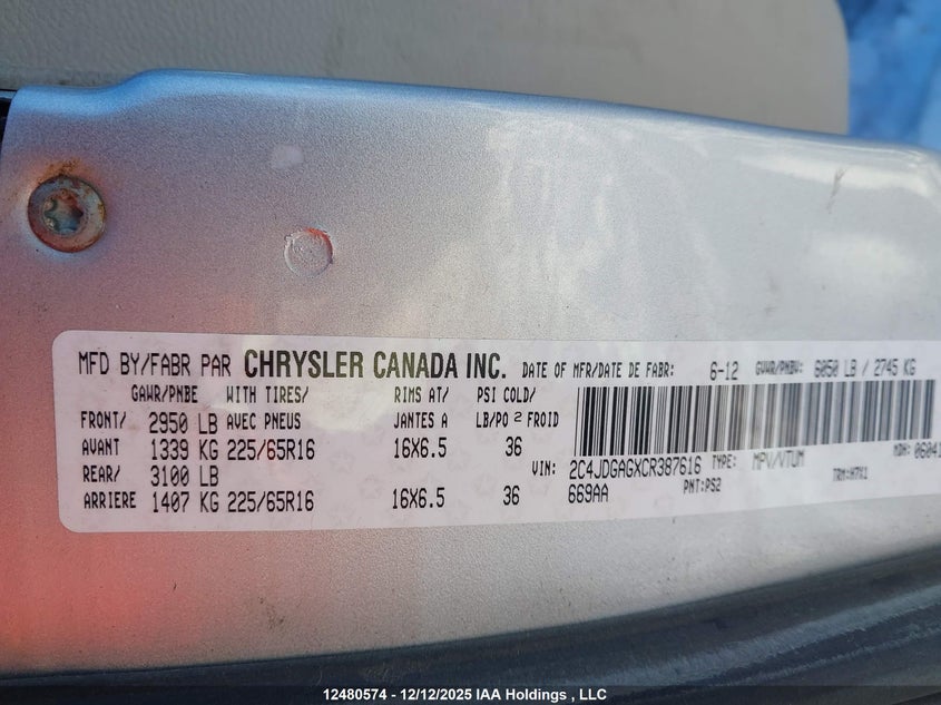 2C4JDGAGXCR387616 2012 DODGE RAM VAN photo no. 9