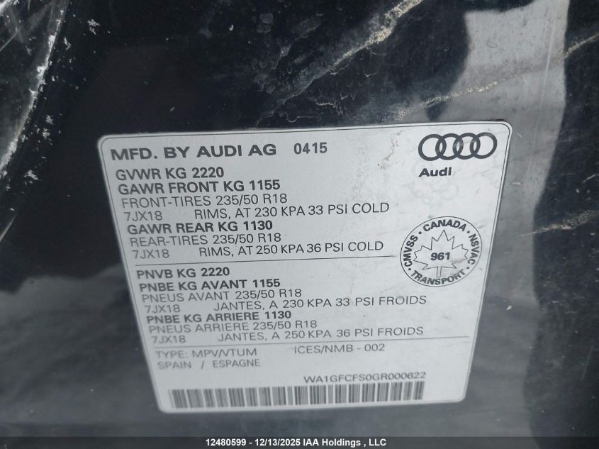 2016 Audi Q3 4P Ti VIN: WA1GFCFS0GR000622 Lot: 12480599