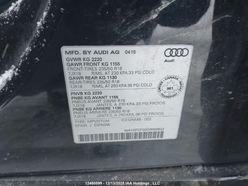 2016 Audi Q3 4P Ti VIN: WA1GFCFS0GR000622 Lot: 12480599