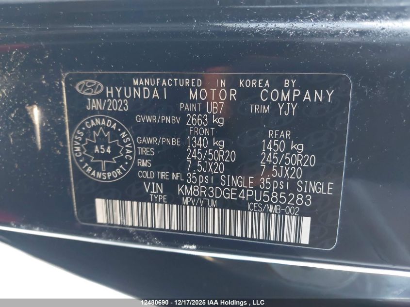 2023 Hyundai Palisade Urban 8-Passenger Seating VIN: KM8R3DGE4PU585283 Lot: 12480690