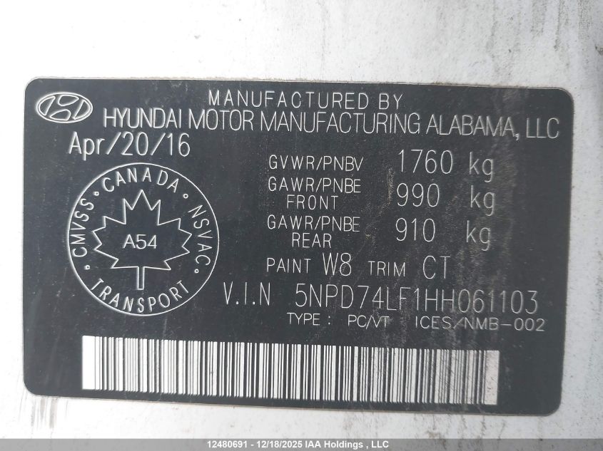 2017 Hyundai Elantra L VIN: 5NPD74LF1HH061103 Lot: 12480691