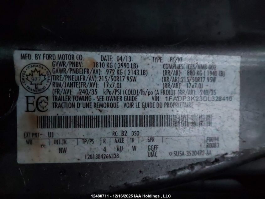 2013 Ford Focus Se VIN: 1FADP3K23DL328410 Lot: 12480711