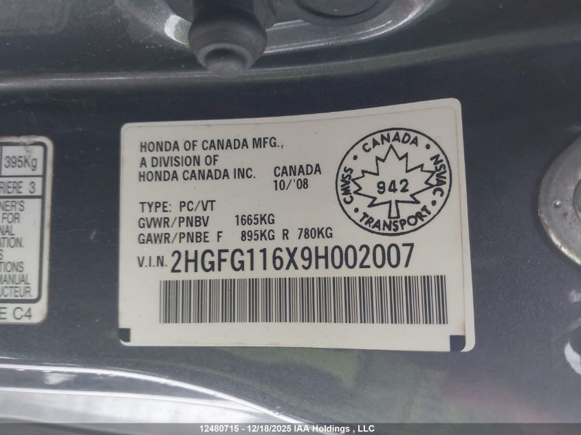 2009 Honda Civic Lx Sr VIN: 2HGFG116X9H002007 Lot: 12480715