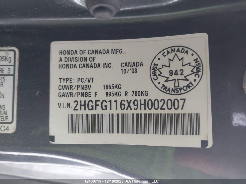 2009 Honda Civic Lx Sr VIN: 2HGFG116X9H002007 Lot: 12480715