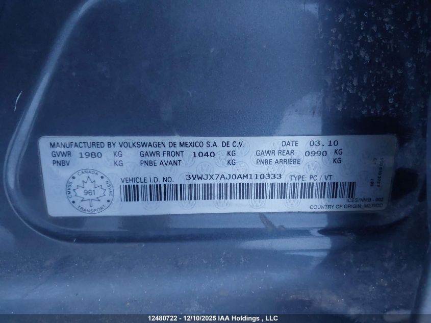 2010 Volkswagen Jetta S VIN: 3VWJX7AJ0AM110333 Lot: 12480722