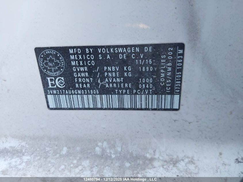 2016 Volkswagen Golf S/Se/Sel VIN: 3VW217AU6GM031905 Lot: 12480794