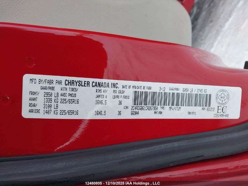 2012 Dodge Grand Caravan Se/Sxt VIN: 2C4RDGBG1CR267950 Lot: 12480805