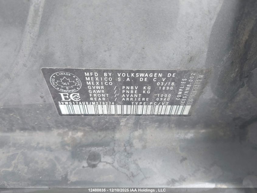 2018 Volkswagen Golf 1.8 Tsi Comfortline/1.8 Tsi Highline/1.8 Tsi Trendline VIN: 3VWG17AU8JM278274 Lot: 12480835