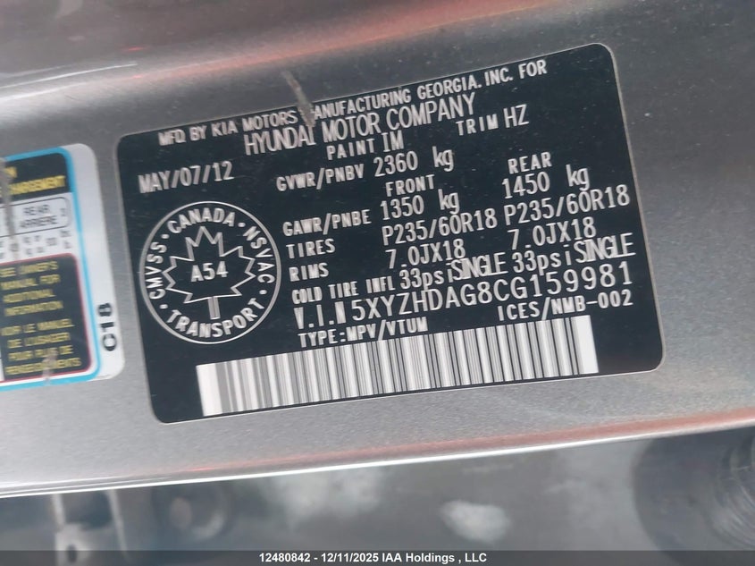 5XYZHDAG8CG159981 2012 HYUNDAI SANTA FE photo no. 9