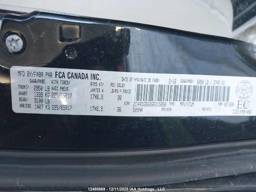 2016 Dodge Grand Caravan Se/Sxt VIN: 2C4RDGBG0GR315850 Lot: 12480869