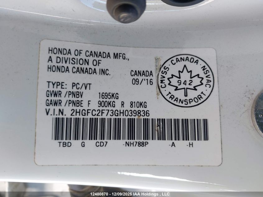 2016 Honda Civic Ex 4Dr VIN: 2HGFC2F73GH039836 Lot: 12480870