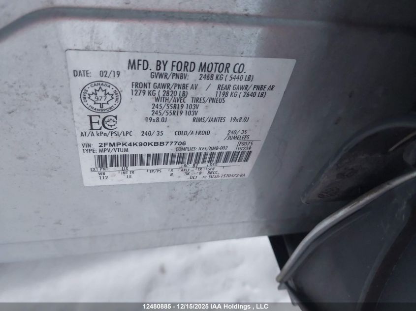 2019 Ford Edge Titanium VIN: 2FMPK4K90KBB77706 Lot: 12480885