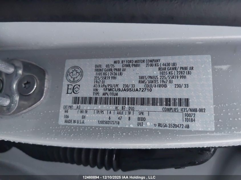 2025 Ford Escape Platinum VIN: 1FMCU9JA9SUA72710 Lot: 12480894