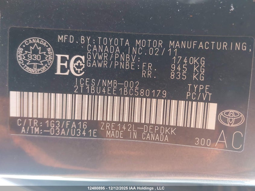 2T1BU4EE1BC580179 2011 TOYOTA COROLLA photo no. 9