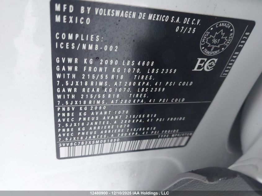 2025 Volkswagen Taos VIN: 3VV8C7B2XSM081690 Lot: 12480900