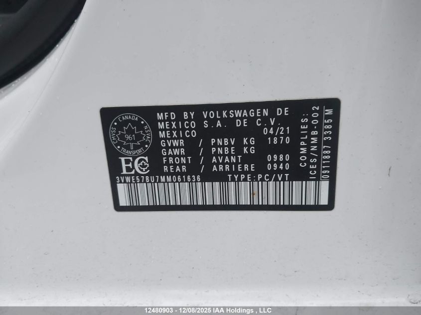 2021 Volkswagen Jetta Highline VIN: 3VWE57BU7MM061636 Lot: 12480903