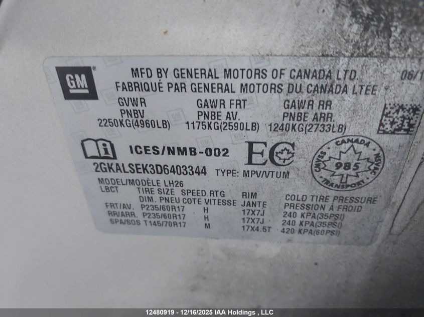 2013 GMC Terrain Sle VIN: 2GKALSEK3D6403344 Lot: 12480919