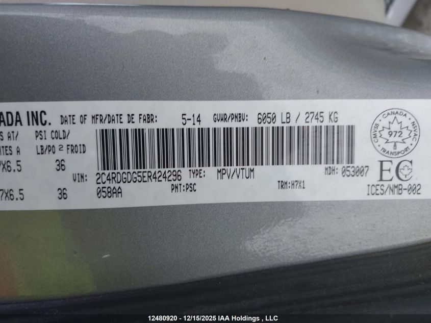 2014 Dodge Grand Caravan Crew VIN: 2C4RDGDG5ER424296 Lot: 12480920