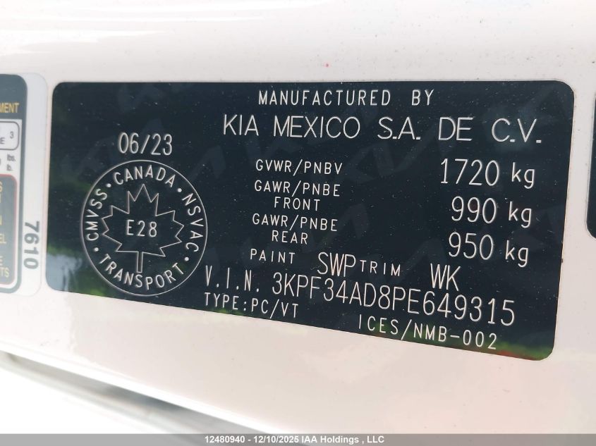 2023 Kia Forte Ex/Ex Premium/Ex+/Gt-Line VIN: 3KPF34AD8PE649315 Lot: 12480940