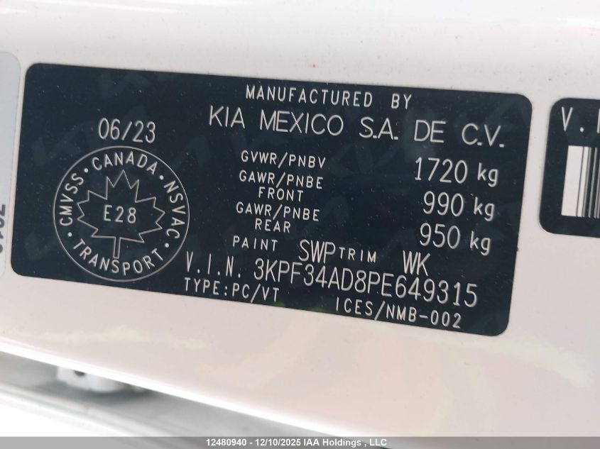 2023 Kia Forte Ex/Ex Premium/Ex+/Gt-Line VIN: 3KPF34AD8PE649315 Lot: 12480940