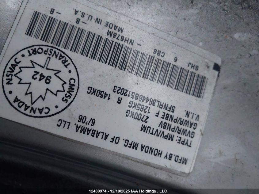 2006 Honda Odyssey VIN: 5FNRL38446B512023 Lot: 12480974