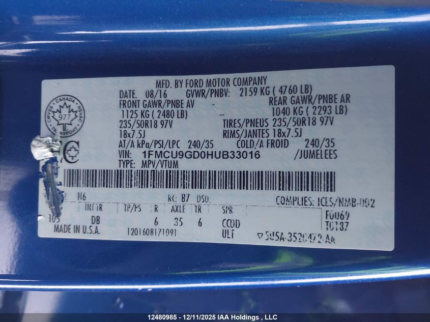 2017 Ford Escape Se VIN: 1FMCU9GD0HUB33016 Lot: 12480985