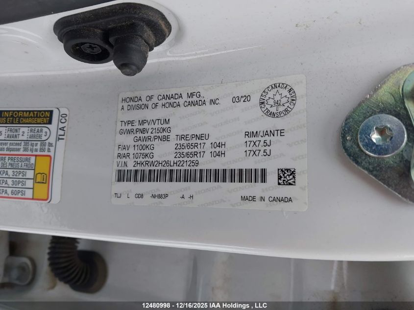 2020 Honda Cr-V VIN: 2HKRW2H26LH221259 Lot: 12480998