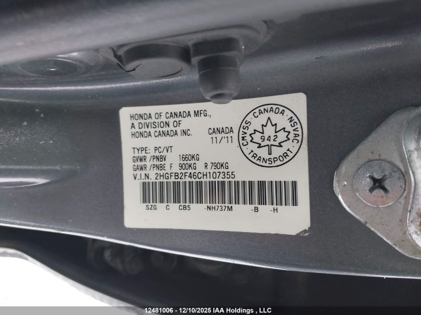 2012 Honda Civic Lx VIN: 2HGFB2F46CH107355 Lot: 12481006