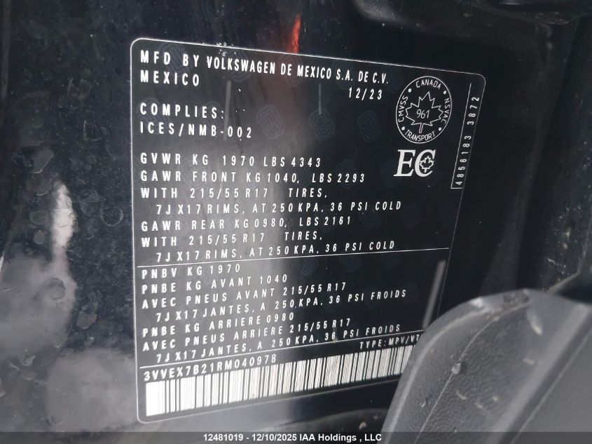 2024 Volkswagen Taos Se VIN: 3VVEX7B21RM040978 Lot: 12481019