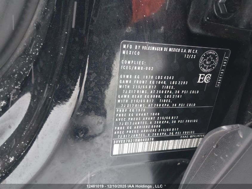 2024 Volkswagen Taos Se VIN: 3VVEX7B21RM040978 Lot: 12481019