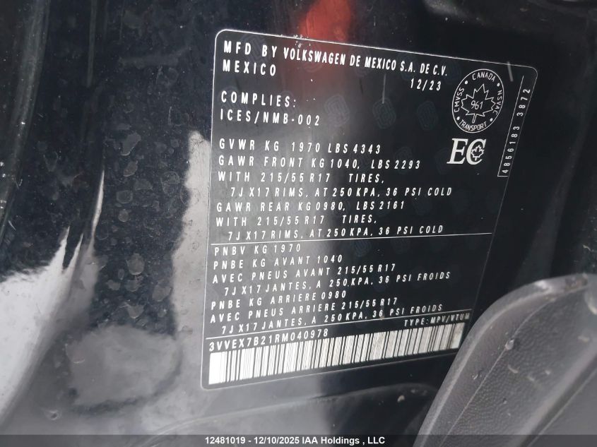 2024 Volkswagen Taos Se VIN: 3VVEX7B21RM040978 Lot: 12481019